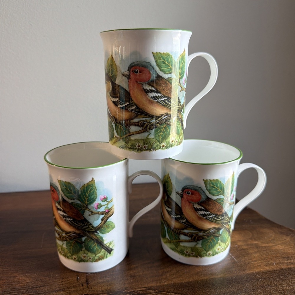 Crown Trent Fine Bone China Coffee Mugs Bird Pattern Set Of 3 Made In England